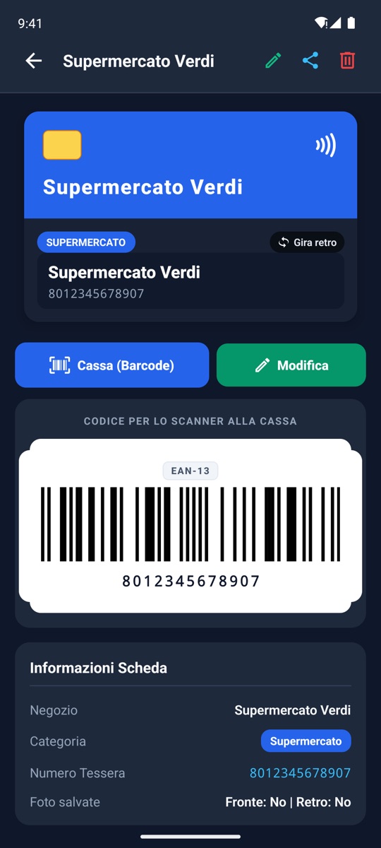 Tessera con codice a barre pronto per la cassa
