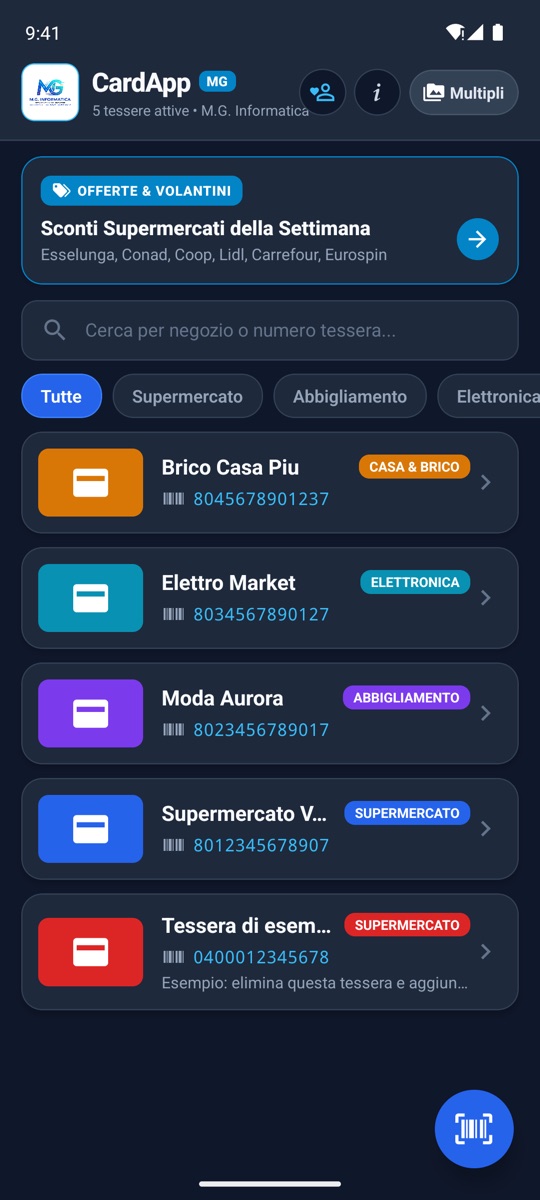 Elenco delle tessere fedeltà in CardApp